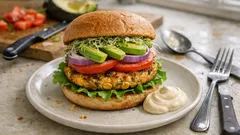 Veganský burger z cizrny a kukuřice: šťavnaté placky a kešu „majonéza“