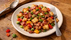 Rychlovka ze staršího pečiva: křupavá pánev se špekem a paprikami za pár minut