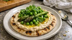 Grilovaná domácí pita s hummusem: jednoduchý jarní oběd s chřestem a hráškem