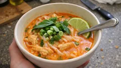 Krémová kuřecí kari polévka s kokosovým mlékem a rýžovými nudlemi