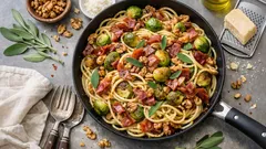 Špagety s růžičkovou kapustou, prosciuttem a ořechy