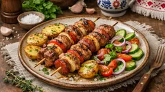 Masové špízy s bramborami na grilu