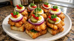 Kuřecí rarášci v pivním těstíčku: křupavé jednohubky na česnekové topince