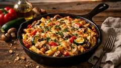 Zapečené penne s kuřetem, zeleninou a zakysanou smetanou