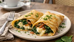 Slané palačinky se špenátem, karamelizovanou šalotkou a brie