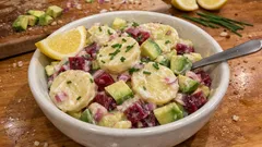 Bramborový salát s červenou řepou a avokádem: krémový a svěží, hotový snadno