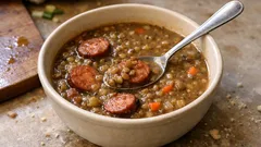 Čočková polévka s párkem a jemnou jíškou: sytá klasika, která vždycky zahřeje