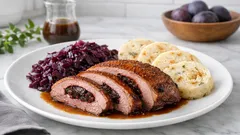 Husí prsa se švestkovou nádivkou, knedlíkem a zelím