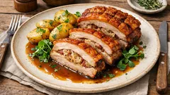 Pečený vepřový bůček plněný zelím a slaninou