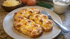 Zapečené chlebíčky s jogurtem, sýrem a šunkou – rychlá večeře z plechu