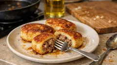 Bramborová roláda s mletým masem: plátky na pánvi hotové raz dva