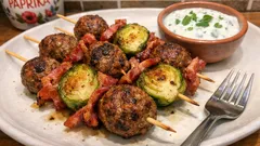 Marocké masové kuličky na grilu: špízy se slaninou a kapustičkami