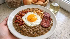 Čočka na kyselo jako od babičky: s volským okem, slaninou a cibulkou