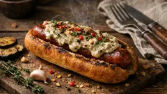 Hot dog s krémovým domácím lilkovým dipem