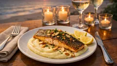 Pečený pstruh s mandlemi a bramborovým pyré