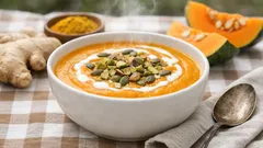 Krémová dýňová polévka s kokosem a pistáciemi