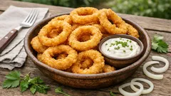 Křupavé cibulové kroužky v těstíčku s česnekovým dipem