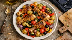 Kuře po provensálsku z jednoho pekáče: šťavnaté paličky s bramborami a zeleninou