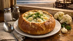 Krémová květáková polévka podávaná v chlebu