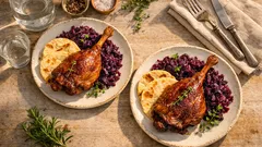 Pečená husí stehna s červeným zelím a lokšemi