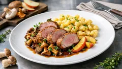 Rychlá vepřová panenka s houbami, jablky a haluškami