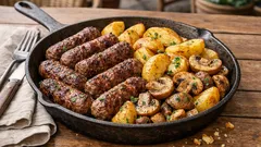 Čevapčiči z grilu s bramborami a žampiony v jednom pekáčku